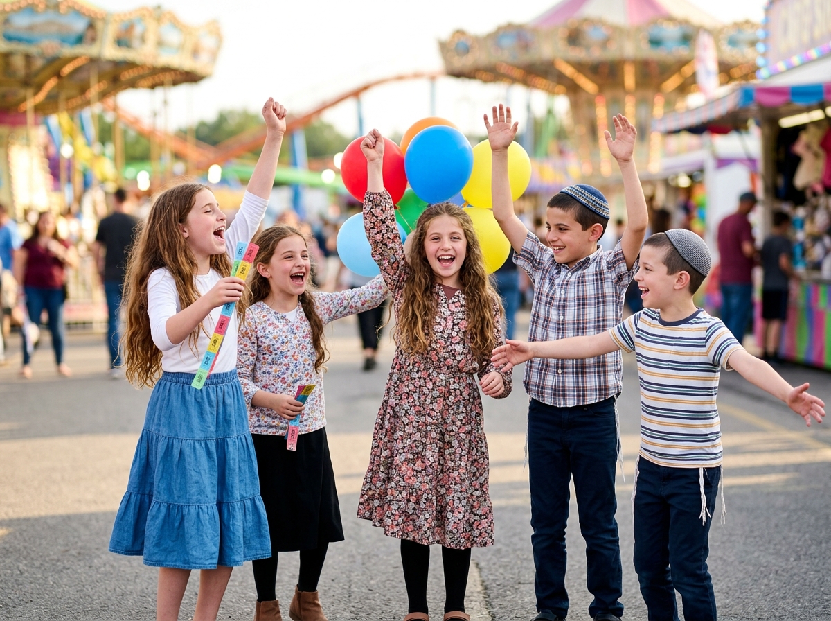 Orthodox Jewish children celebrating joyfully with balloons at an amusement park