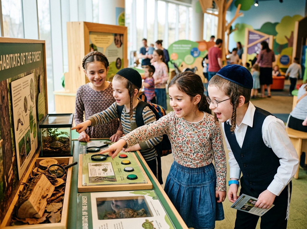 Orthodox Jewish children excitedly exploring exhibits at a children's museum
