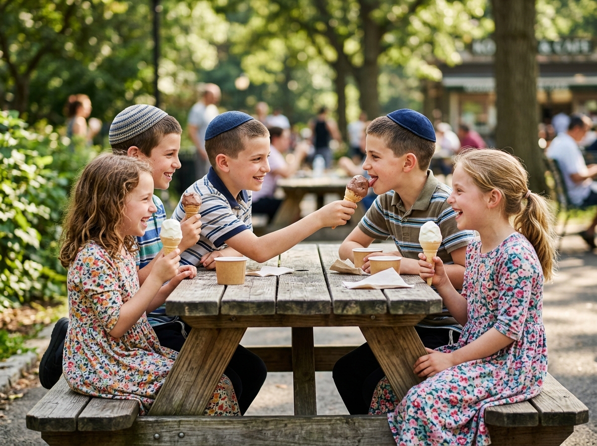 Orthodox Jewish children sharing ice cream together at an outdoor picnic table