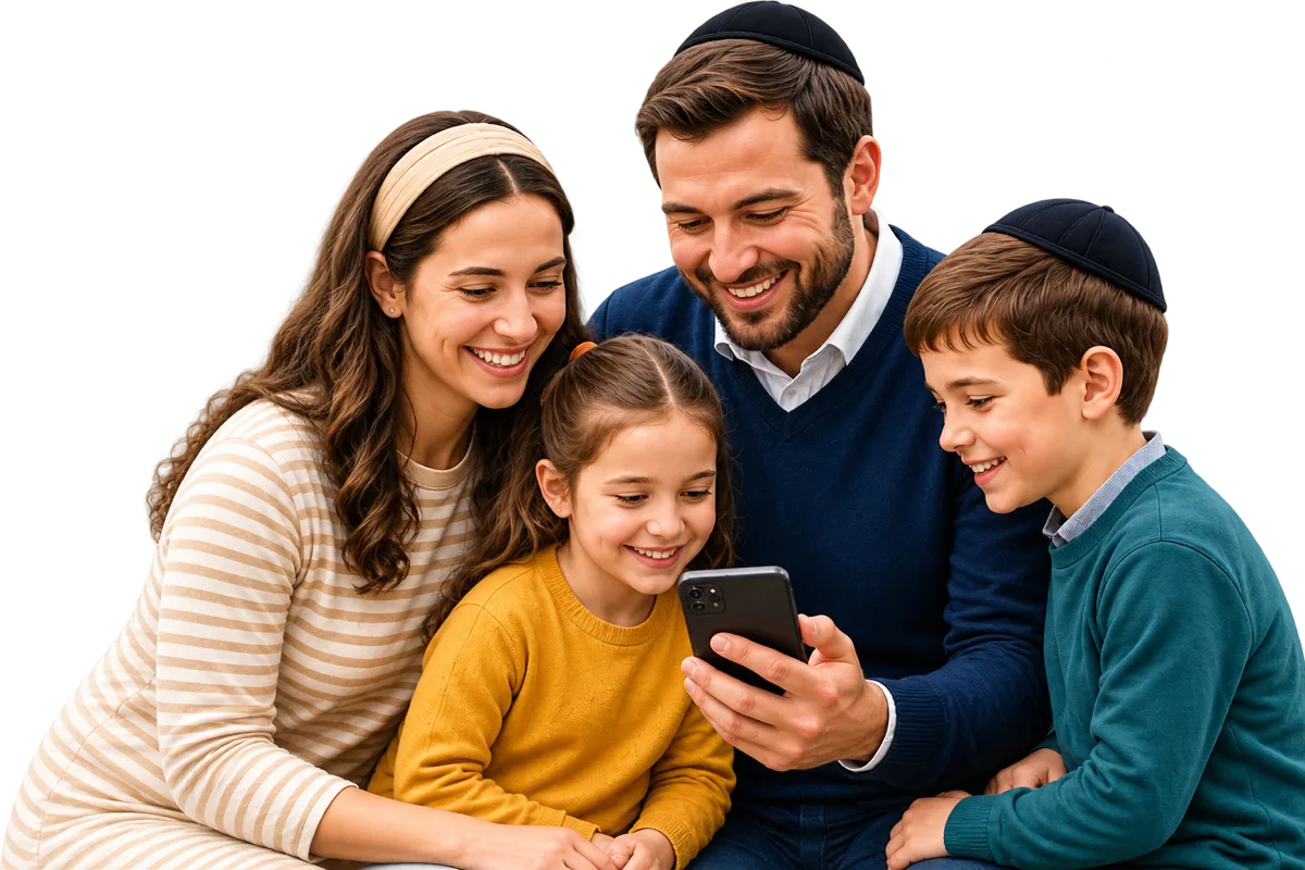 A Jewish family looking together at a phone on a family outing